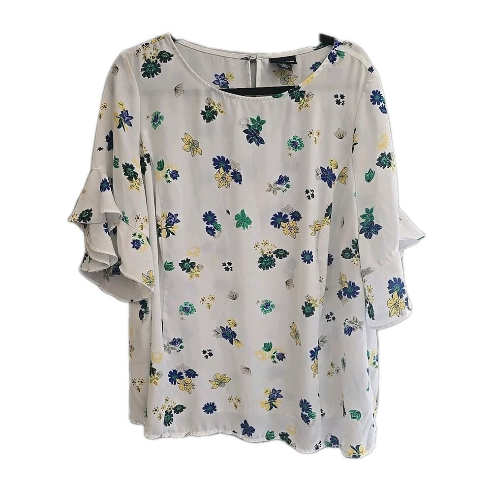Liz Claiborne White Floral Print Ruffle Bell Sleeve Boho Top Womans Plus Size 1X